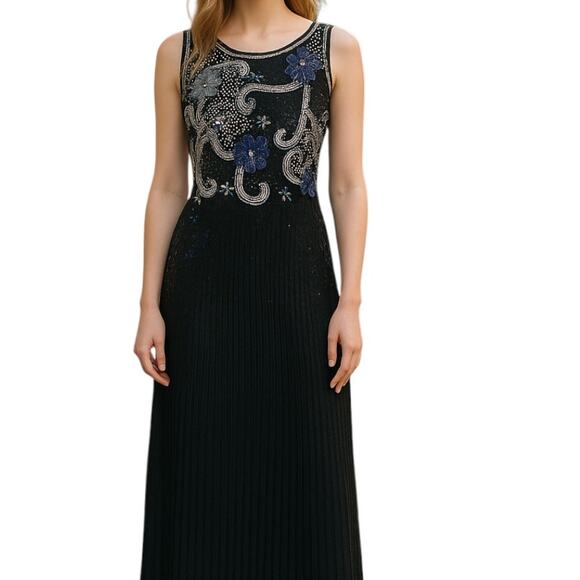 Scala Beaded Dress Sequin Embelished Floral Event Cocktail Black Medium - Picture 1 of 9